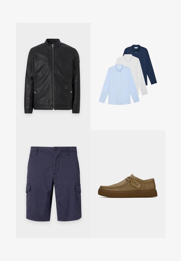Black leather jacket with a high collar, vertical zippers, quilted shoulder accents, and side pockets. Smooth, matte texture.; Three long-sleeve shirts: light blue, white, and navy. All have a classic collar and button-down front, made of smooth fabric.; Navy blue cargo shorts made of durable fabric, featuring side pockets, a button closure, and a textured finish.; Light brown suede shoes with a rounded toe, stitched detailing, and a ribbed brown rubber sole. Features a side tag with "Clarks" logo.