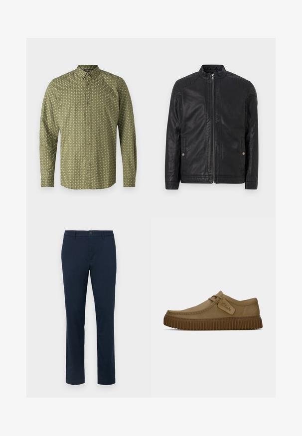 Zwarte leren jas met een hoge kraag, verticale ritsen, gestikte schouderaccenten en zijzakken. Gladde, matte textuur.; Groen longsleeve shirt met een kraagnek, versierd met een wit plustekenpatroon en bruine knopen aan de voorkant. Gladde textuur.; Witte katoenen t-shirt met ronde hals en korte mouwen. Voorzien van blauwe en zwarte bedrukte tekst: "TOM TAILOR," "STREETS OF HAVANA," en cijfers.; Donker marineblauwe chinos van een gladde stof. Recht gesneden ontwerp met een enkele knoopsluiting en riemlussen. Geen zichtbare patronen of accenten.; Lichtbruine suède schoenen met een ronde neus, gestikte details en een geribbeld bruine rubberen zool. Bevat een zijlabel met het "Clarks" logo.