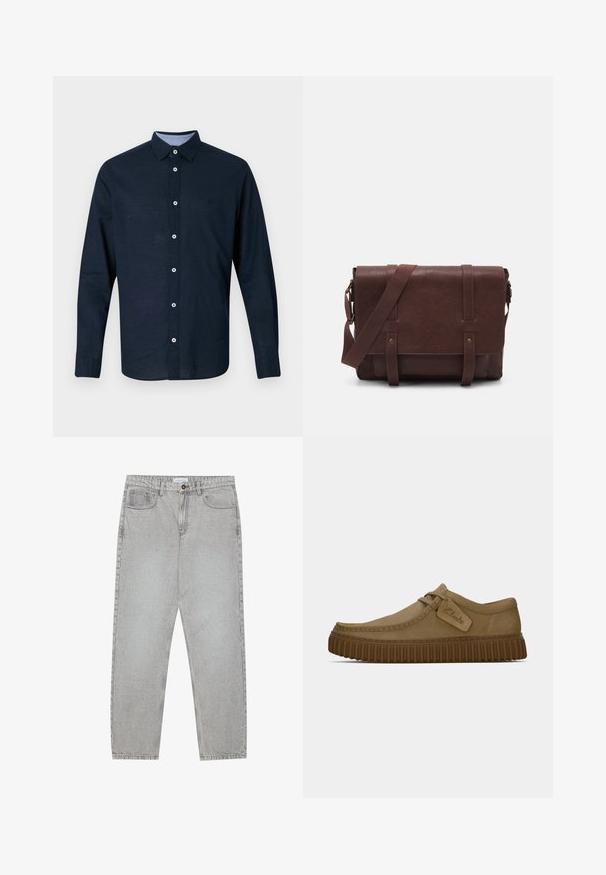 Čierna kožená bunda s vysokým golierom, vertikálnymi zipsami, prešívanými ramennými akcentami a bočnými vreckami. Hladký, matný povrch.; Námornícky dlhý rukáv košele s golierom na gombíky, bielymi gombíkmi a jemným logom na hrudi. Vyrobené z mäkkej látky s textúrovaným povrchom.; Svetlošedé denimové nohavice s rovným strihom, piatimi vreckami a zapínaním na gombík. Viditeľné švy pozdĺž švov.; Svetlohnedé semišové topánky s okrúhlym špičkou, prešitou detailnou úpravou a ribbovanou hnedou gumovou podrážkou. Obsahujú bočný štítok s logom "Clarks".; Hnedá kožená messenger taška s plochým predným klopom, dvoma popruhmi, zlatými kovovými detailmi a nastaviteľným ramenným popruhom.