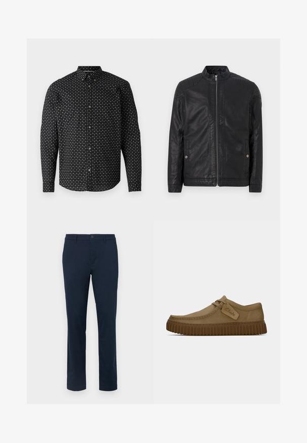 Sort læderjakke med høj krave, lodrette lynlåse, kviltede skulderdetaljer og sidelommer. Glat, mat tekstur.; Sort skjorte med knapper, der har et mønster af hvide kors. Den har lange ærmer, krave og knapper i guldfarve.; Hvid bomulds t-shirt med rund halsudskæring og korte ærmer. Har blå og sort trykt tekst: "TOM TAILOR," "STREETS OF HAVANA," og tal.; Mørk navy chinos lavet af glat stof. Lige ben design med en enkelt knappelukning og bæltestropper. Ingen synlige mønstre eller accenter.; Lysebrune ruskindsko med rund tå, syet detaljer og en ribbet brun gummisål. Har et sidemærke med "Clarks" logo.