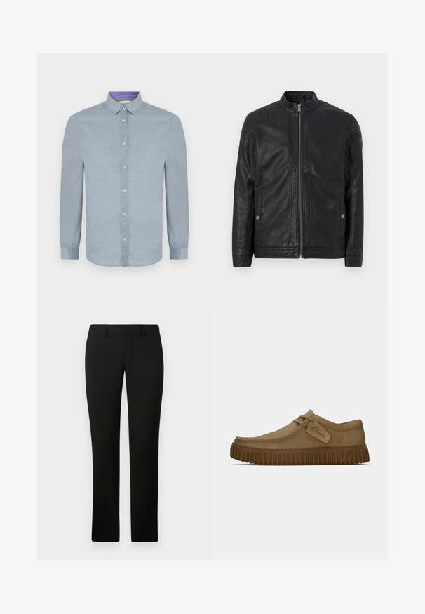 Melna ādas jaka ar augstu apkakli, vertikālām rāvējslēdzēm, kvadrātām plecu akcentiem un sānu kabatām. Gluda, matēta tekstūra.; Gai zila gara piedurkņu krekls ar pogām uz apkakles, priekšējām pogām un gludu tekstūru. Iekšējā apkakle ir ar kontrastējošu purpura akcentu.; Melnas bikses ar pielāgotu piegriezumu, kas raksturojas ar gludu faktūru un taisniem kāju piegriezumiem. Jostasvieta ir aprīkota ar jostu cilpām un ir iztīrīta.; Gai brūni zamša apavi ar noapaļotu purngalu, šuvju detaļām un ribotu brūnu gumijas zoli. Satur sānu uzlīmi ar "Clarks" logotipu.