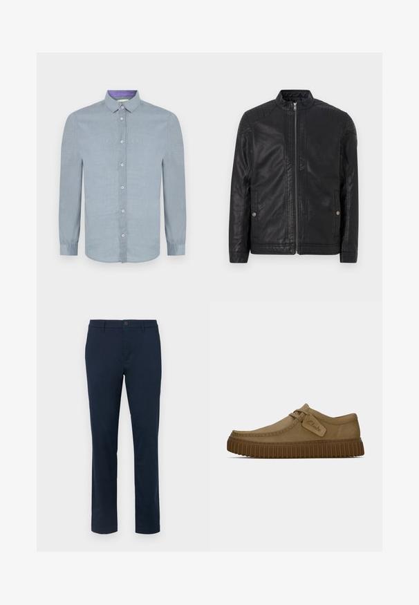 Giubbotto in pelle nera con colletto alto, zip verticali, accenti trapuntati sulle spalle e tasche laterali. Texture liscia e opaca.; Camicia azzurra chiara a maniche lunghe con colletto a punta, bottoni frontali e una texture liscia. Il colletto interno ha un accento contrastante di colore viola.; Chinos blu scuro realizzati in tessuto liscio. Design a gamba dritta con chiusura a un pulsante e passanti per cintura. Nessun motivo o accento visibile.; Scarpe in suede marrone chiaro con punta arrotondata, dettagli cuciti e suola in gomma marrone a righe. Presentano un'etichetta laterale con il logo "Clarks".