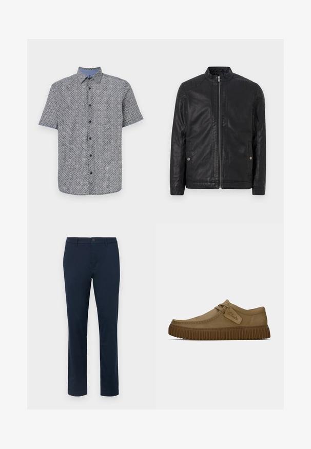 Juodas odinis švarkas su aukštu apykakle, vertikaliais užtrauktukais, iškilusiais peties akcentais ir šoninėmis kišenėmis. Lygus, matinio paviršiaus tekstūra.; Tamsiai mėlynas ir baltas trumpų rankovių marškinis su geometriniu raštu, mygtukų užsegimu ir kontrastinga šviesiai mėlyna apykakle bei rankogaliais. Lengvas audinys.; Balta medvilninė marškinė su apvaliu iškirpimu ir trumpomis rankovėmis. Ant jų yra mėlynai ir juodai spausdintas tekstas: „TOM TAILOR“, „HAVANOS GATVĖS“ ir skaičiai.; Tamsiai mėlyni chinos kelnių iš lygaus audinio. Tiesaus kirpimo dizainas su vienu mygtuko uždarymu ir diržo kilpelėmis. Be matomų raštų ar akcentų.; Šviesiai rudos zomšinės bateliai su apvaliu pirštu, siuvinėjimo detalėmis ir raguota ruda guma. Su šonine etikete su "Clarks" logotipu.