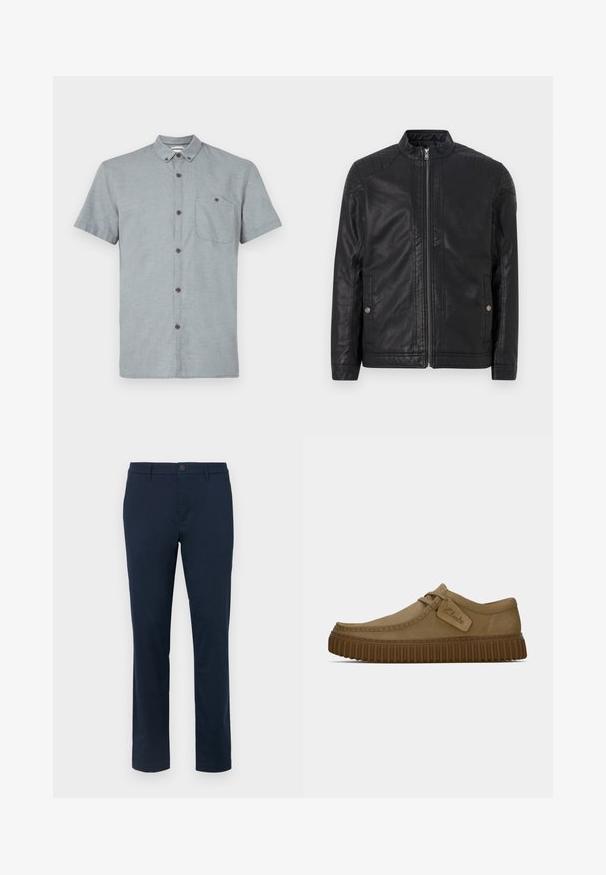 Crna kožna jakna s visokim ovratnikom, vertikalnim zatvaračima, kviltiranim naglascima na ramenima i bočnim džepovima. Glatka, mat tekstura.; Košulja kratkih rukava, s kragnom, od svijetlosive tkanine s teksturiranim uzorkom. Ima džep na prsima i tamne dugmadi.; Tamno plavi chinos hlače od glatkog materijala. Ravnog kroja s jednim dugmetom i petljama za remen. Nema vidljivih uzoraka ili ukrasa.; Svijetlosmeđi nubuk cipele s okruglim vrhom, šavovima detaljima i rebrastom smeškom gumom. Ima bočnu oznaku s "Clarks" logotipom.
