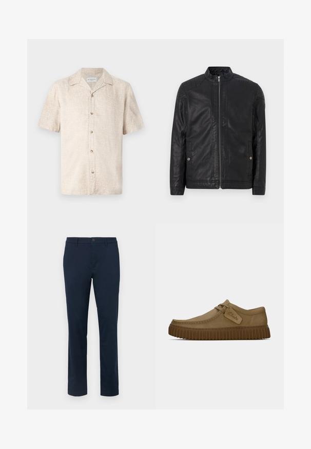 Jachetă din piele neagră cu guler înalt, fermoare verticale, accente matlasate pe umeri și buzunare laterale. Textură netedă, mată.; Cămașă cu mâneci scurte, de culoare bej, cu un model floral subtil și cinci butoane frontal, confecționată dintr-un material ușor.; Chino-uri bleumarin închis, fabricat dintr-un material neted. Design cu picior drept, cu închidere cu un singur buton și passanti pentru curea. Fără modele sau accente vizibile.; Pantofi din suede maro deschis, cu vârful rotund, detalii cusute și talpă din cauciuc maro nervurată. Prezintă un eticheta laterală cu logo-ul "Clarks".