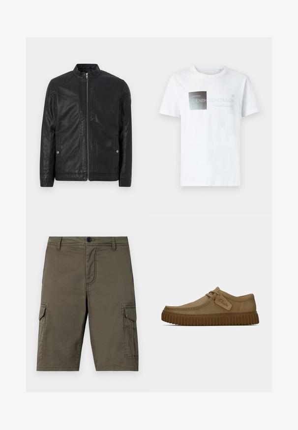 Giubbotto in pelle nera con colletto alto, zip verticali, accenti trapuntati sulle spalle e tasche laterali. Texture liscia e opaca.; T-shirt bianco a maniche corte in cotone con un design grafico in bianco e grigio e testo. Collo a giro, vestibilità comoda, texture liscia.; Pantaloni cargo verde oliva realizzati in tessuto texture, con due tasche laterali e chiusura anteriore con bottone. Lunghezza media con taglio dritto.; Scarpe in suede marrone chiaro con punta arrotondata, dettagli cuciti e suola in gomma marrone a righe. Presentano un'etichetta laterale con il logo "Clarks".