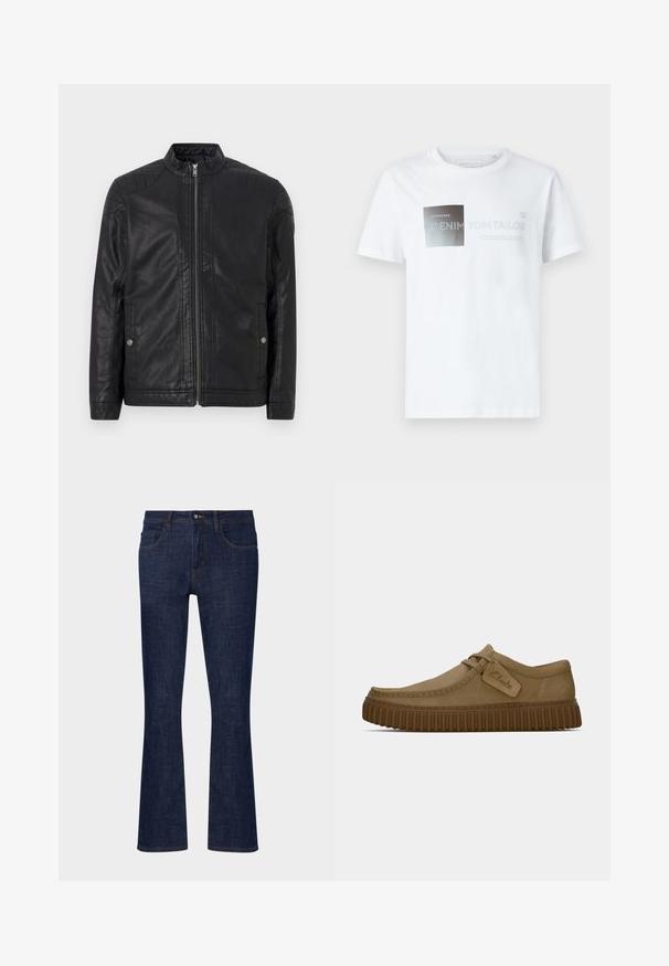 Czarna skórzana kurtka z wysokim kołnierzem, pionowymi zamkami, pikowanymi akcentami na ramionach oraz bocznymi kieszeniami. Gładka, matowa faktura.; Biały bawełniany t-shirt z krótkim rękawem z czarno-szarym wzorem graficznym oraz tekstem. Okrągły dekolt, luźny krój, gładka faktura.; Ciemnoniebieskie dżinsy w fasonie dzwonów z średnim stanem, pięcioma kieszeniami i kontrastowymi szwami. Gładka powierzchnia z minimalnymi śladami użytkowania.; Jasnobrązowe zamszowe buty z okrągłym noskiem, z przeszyciami i brązową gumową podeszwą o żebrowanej fakturze. Posiadają boczną metkę z logo "Clarks".