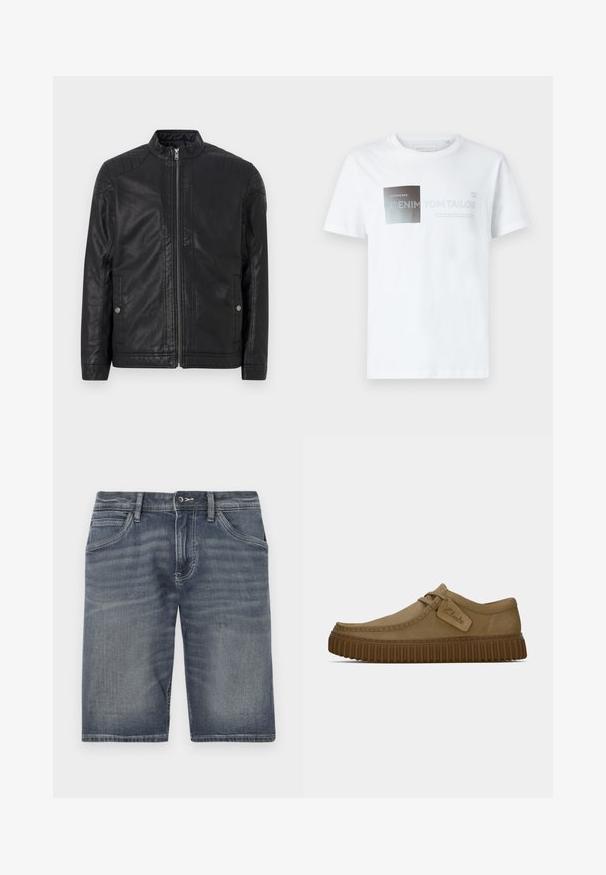 Czarna skórzana kurtka z wysokim kołnierzem, pionowymi zamkami, pikowanymi akcentami na ramionach oraz bocznymi kieszeniami. Gładka, matowa faktura.; Biały bawełniany t-shirt z krótkim rękawem z czarno-szarym wzorem graficznym oraz tekstem. Okrągły dekolt, luźny krój, gładka faktura.; Jeansowe szorty w wyblakłym niebieskim odcieniu, z zapięciem na guzik i zamek, pięcioma kieszeniami oraz widocznymi detalami szwów.; Jasnobrązowe zamszowe buty z okrągłym noskiem, z przeszyciami i brązową gumową podeszwą o żebrowanej fakturze. Posiadają boczną metkę z logo "Clarks".