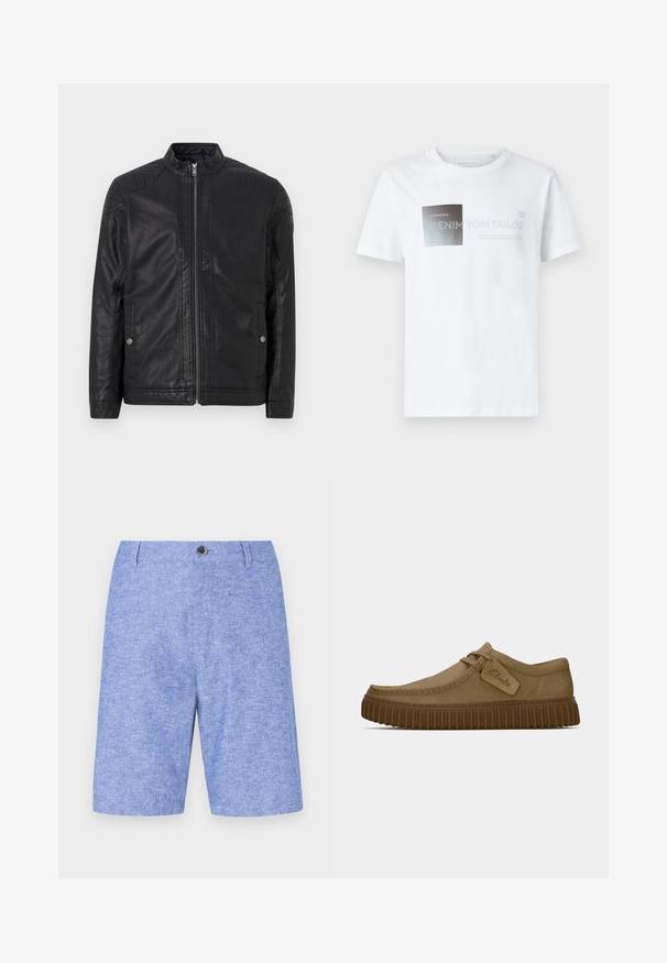 Jachetă din piele neagră cu guler înalt, fermoare verticale, accente matlasate pe umeri și buzunare laterale. Textură netedă, mată.; Tricou alb din bumbac cu mânecă scurtă, având un design grafic negru și gri, cu text. Decolteu tip crew, croială relaxată, textură fină.; Shorts de culoare albastru deschis dintr-un material texturat, cu închidere frontală cu buton și buzunare laterale, având un croi drept și un design până la genunchi.; Pantofi din suede maro deschis, cu vârful rotund, detalii cusute și talpă din cauciuc maro nervurată. Prezintă un eticheta laterală cu logo-ul "Clarks".