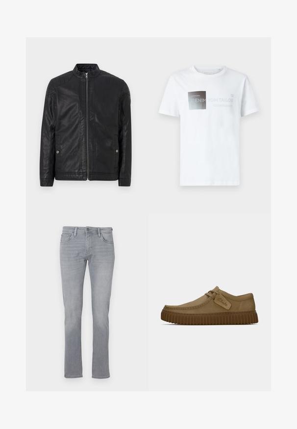 Fekete bőrdzseki magas gallérral, függőleges cipzárokkal, steppelt vállrész díszítéssel és oldalsó zsebekkel. Simább, matt textúrájú.; Fehér pamut rövid ujjú póló fekete és szürke grafikai kialakítással, szöveggel. Kerek nyakkivágás, laza fazon, sima textúra.; Szürke farmernadrág egyenes lábbal, elülső gombos és cipzáras záródással, öt zsebbel és enyhe kopásokkal az egész anyagon.; Világosbarna velúr cipők, lekerekített orral, díszített varrással és bordás barna gumi talppal. Az oldalon található egy címke a "Clarks" logójával.