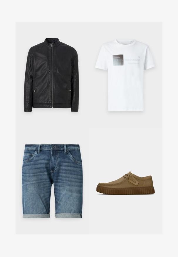 Fekete bőrdzseki magas gallérral, függőleges cipzárokkal, steppelt vállrész díszítéssel és oldalsó zsebekkel. Simább, matt textúrájú.; Fehér pamut rövid ujjú póló fekete és szürke grafikai kialakítással, szöveggel. Kerek nyakkivágás, laza fazon, sima textúra.; Sötétkék farmer rövidnadrág, enyhén kopott mosással. Rolled hems, öt zsebes kialakítás és elülső gombos záródás jellemzi.; Világosbarna velúr cipők, lekerekített orral, díszített varrással és bordás barna gumi talppal. Az oldalon található egy címke a "Clarks" logójával.