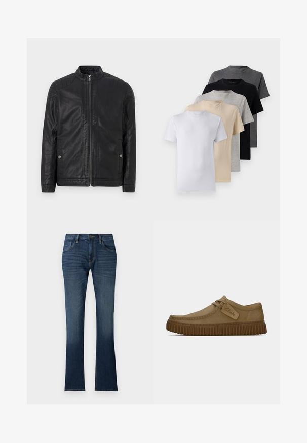 Chaqueta de cuero negra con cuello alto, cremalleras verticales, acentos acolchados en los hombros y bolsillos laterales. Textura suave y mate.; Conjunto de cinco camisetas de manga corta en blanco, beige, gris claro, gris oscuro y negro. Hechas de algodón suave, con un diseño de cuello redondo.; Jeans de mezclilla azul oscuro con un ligero acampanado en la parte inferior, cinturilla estructurada, cinco bolsillos y un leve desvanecimiento cerca del dobladillo.; Zapatos de ante marrón claro con puntera redondeada, detalles de costura y una suela de goma marrón acanalada. Presentan una etiqueta lateral con el logotipo de "Clarks".