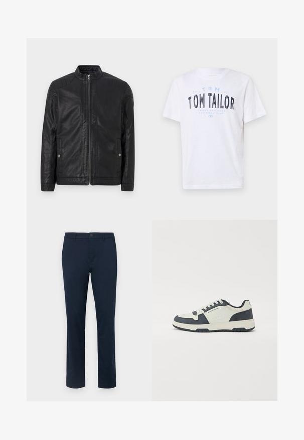 Čierna kožená bunda s vysokým golierom, vertikálnymi zipsami, prešívanými ramennými akcentami a bočnými vreckami. Hladký, matný povrch.; Biele bavlnené tričko s okrúhlym výstrihom a krátkymi rukávmi. Má modrý a čierny potlačový text: "TOM TAILOR," "STREETS OF HAVANA," a čísla.; Tmavomodré chinos vyrobené z hladkej tkaniny. Priamy strih s jedným gombíkom a pútkami na opasok. Žiadne viditeľné vzory ani akcenty.; Námornícke a svetlosivé tenisky so zvrškom z umelej kože a kože, polstrovaným jazykom a šnurovacím dizajnom. Gumová podrážka s trakčným vzorom.
