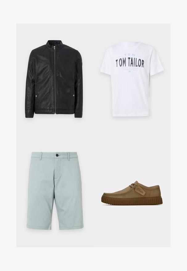 Chaqueta de cuero negra con cuello alto, cremalleras verticales, acentos acolchados en los hombros y bolsillos laterales. Textura suave y mate.; Camiseta de algodón blanca con cuello redondo y mangas cortas. Presenta texto impreso en azul y negro: “TOM TAILOR,” “STREETS OF HAVANA,” y números.; Pantalones cortos de un azul claro fabricados con un tejido suave, con un frente plano, dos bolsillos laterales y un cierre con un solo botón. Diseño limpio y ajustado.; Zapatos de ante marrón claro con puntera redondeada, detalles de costura y una suela de goma marrón acanalada. Presentan una etiqueta lateral con el logotipo de "Clarks".