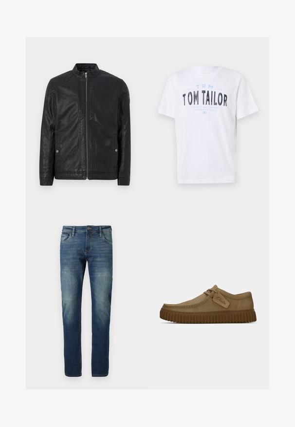 Juodas odinis švarkas su aukštu apykakle, vertikaliais užtrauktukais, iškilusiais peties akcentais ir šoninėmis kišenėmis. Lygus, matinio paviršiaus tekstūra.; Balta medvilninė marškinė su apvaliu iškirpimu ir trumpomis rankovėmis. Ant jų yra mėlynai ir juodai spausdintas tekstas: „TOM TAILOR“, „HAVANOS GATVĖS“ ir skaičiai.; Mėlynos džinsinės kelnės su tiesiu kirpimu, išblukusiomis priekinėmis dalimis, kontrastinga siuvinėjimo linija, penkiais kišenėmis ir mygtukų užsegimu.; Šviesiai rudos zomšinės bateliai su apvaliu pirštu, siuvinėjimo detalėmis ir raguota ruda guma. Su šonine etikete su "Clarks" logotipu.