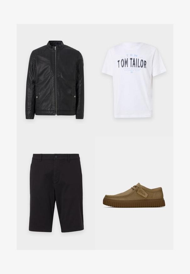 Casaco de couro preto com gola alta, zíperes verticais, detalhes acolchoados nos ombros e bolsos laterais. Textura lisa e mate.; T-shirt de algodão branca com decote redondo e mangas curtas. Apresenta texto impresso em azul e preto: "TOM TAILOR," "STREETS OF HAVANA," e números.; Calções pretos feitos de um tecido leve. Possui fecho de botão, passantes para cinto, dois bolsos laterais e um corte reto.; Sapatos de camurça castanho claro com bico arredondado, detalhes costurados e uma sola de borracha castanha ribada. Apresenta uma etiqueta lateral com o logótipo "Clarks".