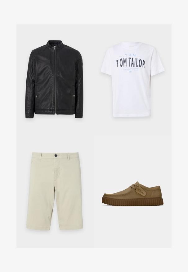 Fekete bőrdzseki magas gallérral, függőleges cipzárokkal, steppelt vállrész díszítéssel és oldalsó zsebekkel. Simább, matt textúrájú.; Fehér pamut póló, kerek nyakkivágással és rövid ujjal. Kék és fekete nyomtatott szöveggel rendelkezik: "TOM TAILOR," "STREETS OF HAVANA," és számok.; Világosbarna, könnyű pamutkeverékből készült rövidnadrág, lapos elülső résszel, övhurkokkal, gombos záródással és térdhosszú szúrral.; Világosbarna velúr cipők, lekerekített orral, díszített varrással és bordás barna gumi talppal. Az oldalon található egy címke a "Clarks" logójával.