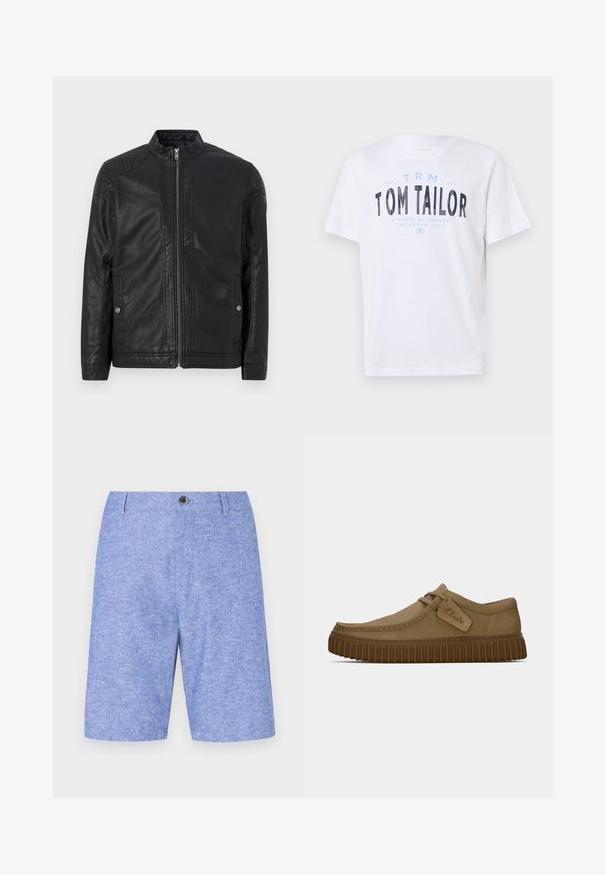Fekete bőrdzseki magas gallérral, függőleges cipzárokkal, steppelt vállrész díszítéssel és oldalsó zsebekkel. Simább, matt textúrájú.; Fehér pamut póló, kerek nyakkivágással és rövid ujjal. Kék és fekete nyomtatott szöveggel rendelkezik: "TOM TAILOR," "STREETS OF HAVANA," és számok.; Halványkék, texturált anyagból készült sort, elől gombos záródással és oldalsó zsebekkel, egyenes vonalú, térd hosszúságú fazonban.; Világosbarna velúr cipők, lekerekített orral, díszített varrással és bordás barna gumi talppal. Az oldalon található egy címke a "Clarks" logójával.