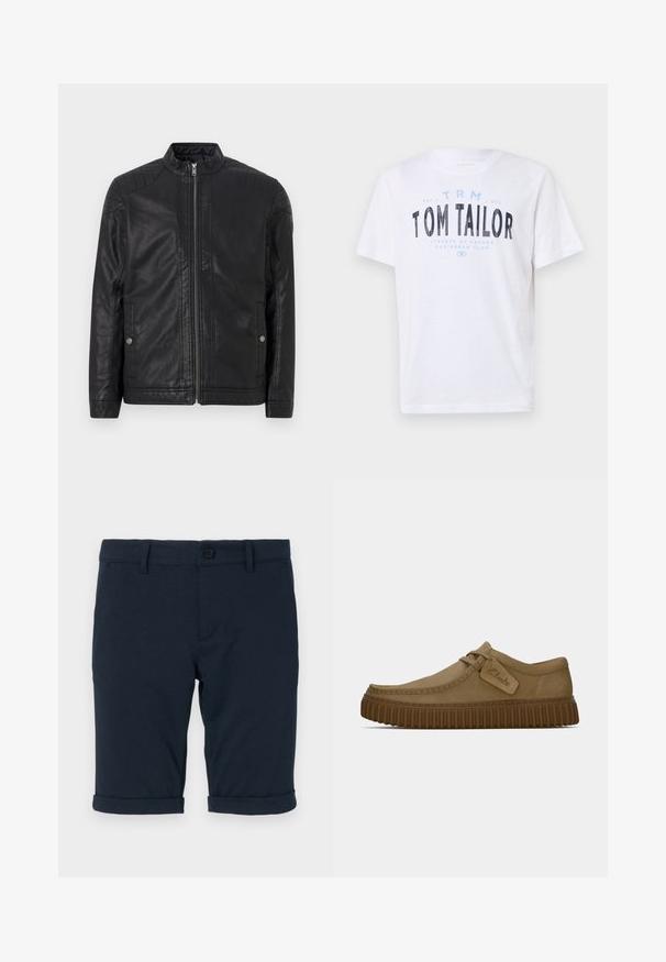 Svart lærjakke med høy krage, vertikale glidelåser, kviltede skulderdetaljer og sidelommer. Glatt, matt tekstur.; Hvit bomullst-skjorte med rund hals og korte ermer. Har blå og svart trykt tekst: "TOM TAILOR," "STREETS OF HAVANA," og tall.; Mørkeblå korte bukser laget av bomull med en glatt tekstur, med rullede oppkanta og knappelukking i leven.; Lys brun semsket skinnsko med rundt tå, sydd detaljer og en ribbet brun gummisåle. Har en sideetikett med "Clarks"-logo.