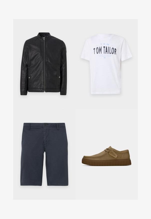 Fekete bőrdzseki magas gallérral, függőleges cipzárokkal, steppelt vállrész díszítéssel és oldalsó zsebekkel. Simább, matt textúrájú.; Fehér pamut póló, kerek nyakkivágással és rövid ujjal. Kék és fekete nyomtatott szöveggel rendelkezik: "TOM TAILOR," "STREETS OF HAVANA," és számok.; Sötétkék, strukturált anyagból készült rövidnadrág, elől gombos záródással, övhurkokkal és standard oldalsó zsebekkel.; Világosbarna velúr cipők, lekerekített orral, díszített varrással és bordás barna gumi talppal. Az oldalon található egy címke a "Clarks" logójával.