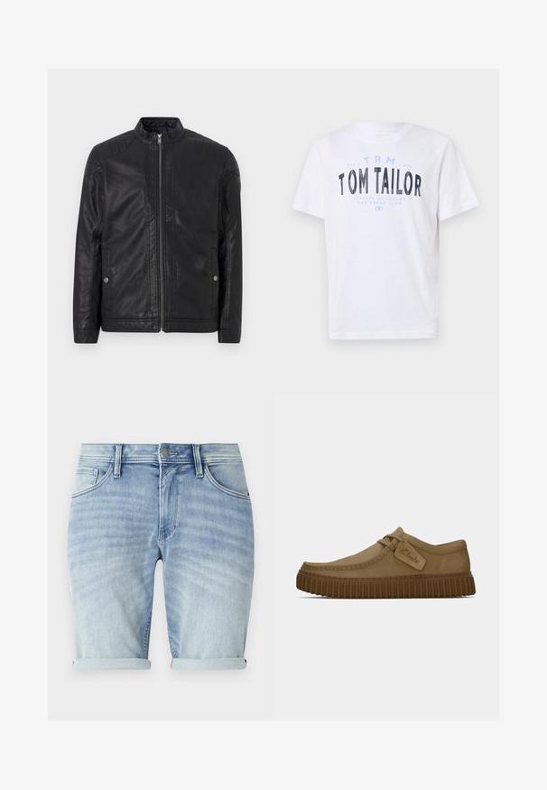 Črna usnjena jakna z visokim ovratnikom, navpičnimi zadrgami, prešito ramenskim poudarkom in stranskimi žepi. Gladka, mat tekstura.; Bela bomba majica iz bombaža s okroglim izrezom in kratkimi rokavi. Vsebuje tiskane modre in črne napise: "TOM TAILOR," "Ulice Havane," in številke.; Svijetloplave traper šortse s izblijedjelim završetkom, srolanim rukavima, prednjim džepovima i metalnim dugmetom za zatvaranje u struku.; Svetlo rjave antilop čevlje z ovalnim nosom, šivi in ribasto rjavo gumijasto podplat. Ima stransko oznako z logotipom "Clarks".