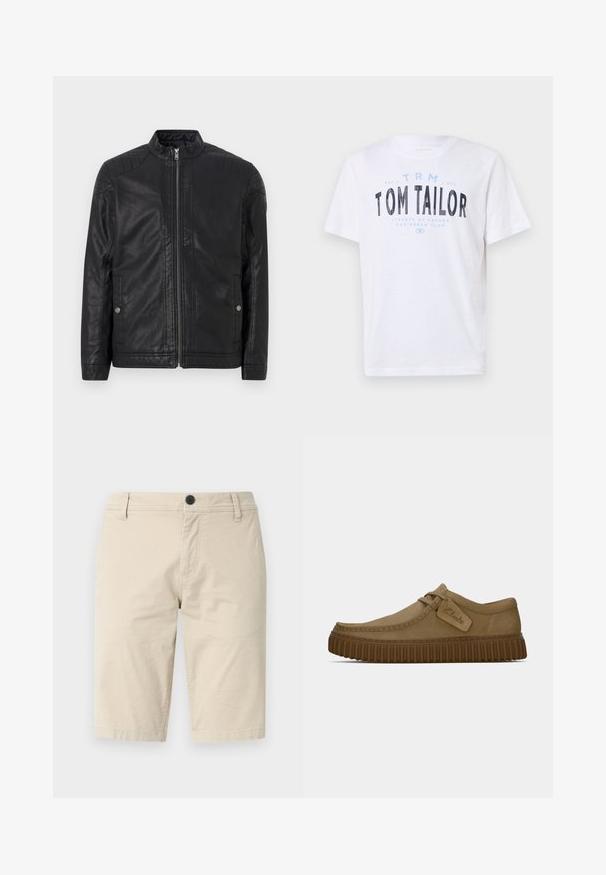 Zwarte leren jas met een hoge kraag, verticale ritsen, gestikte schouderaccenten en zijzakken. Gladde, matte textuur.; Witte katoenen t-shirt met ronde hals en korte mouwen. Voorzien van blauwe en zwarte bedrukte tekst: "TOM TAILOR," "STREETS OF HAVANA," en cijfers.; Beige shorts van lichtgewicht stof, met een vlakke voorkant, een enkele knoopsluiting en twee zijzakken; gladde textuur.; Lichtbruine suède schoenen met een ronde neus, gestikte details en een geribbeld bruine rubberen zool. Bevat een zijlabel met het "Clarks" logo.
