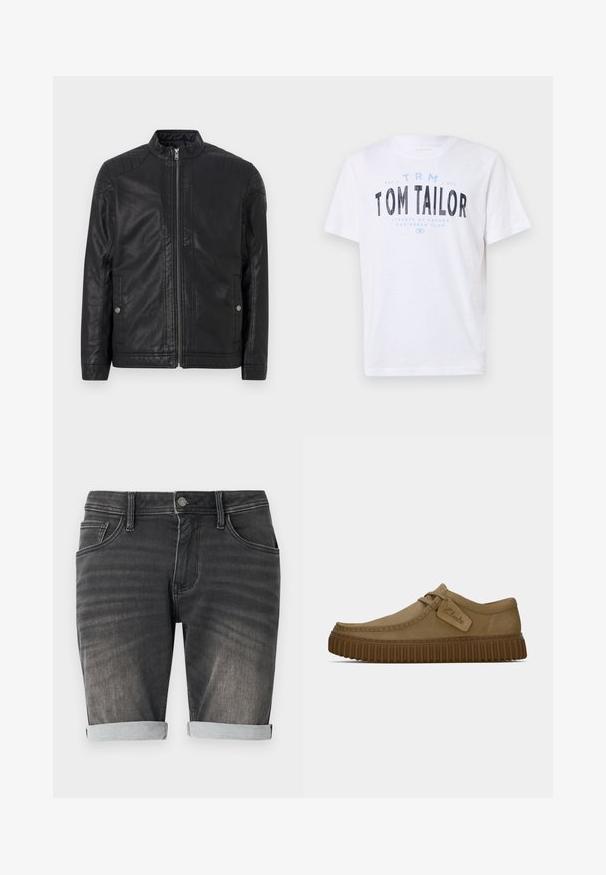 Chaqueta de cuero negra con cuello alto, cremalleras verticales, acentos acolchados en los hombros y bolsillos laterales. Textura suave y mate.; Camiseta de algodón blanca con cuello redondo y mangas cortas. Presenta texto impreso en azul y negro: “TOM TAILOR,” “STREETS OF HAVANA,” y números.; Pantalones cortos de mezclilla gris con dobladillo enrollado, que cuentan con un diseño de cinco bolsillos, cierre de botón y un leve desvanecimiento a lo largo de la tela.; Zapatos de ante marrón claro con puntera redondeada, detalles de costura y una suela de goma marrón acanalada. Presentan una etiqueta lateral con el logotipo de "Clarks".