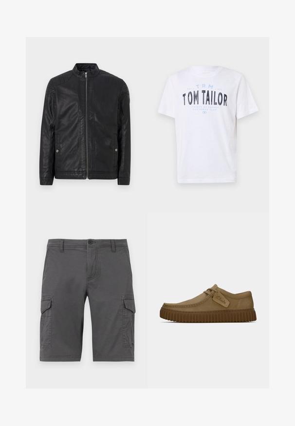 Mustan nahkatakin korkea kaulus, pystysuorat vetoketjut, tikkaukset hartioissa ja sivutaskut. Sileä, matta pinta.; Valkoinen puuvillainen t-paita, jossa on pyöreä kaula-aukko ja lyhyet hihat. Sisältää sinisiä ja mustia painettuja tekstejä: "TOM TAILOR", "HAVANAN KADUT" ja numeroita.; Harmaat cargo-shorts, joissa on sivutaskut, valmistettu kestävästä kankaasta, varustettu nappisuljennalla ja vyölenkeillä. Sileä pinta, polvipituiset.; Vaaleanruskeat mokkakengät, joissa on pyöreä kärki, ommeltuja yksityiskohtia ja uritettu ruskea kumipohja. Kengissä on myös sivulappu, jossa on "Clarks"-logo.