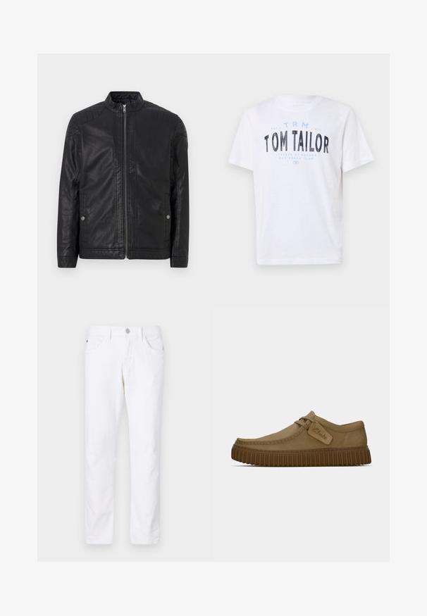 Svart läderjacka med hög krage, vertikala dragkedjor, kviltade axelaccent och sidofickor. Slät, matt yta.; Vit bomulls t-shirt med rund halsringning och korta ärmar. Har blå och svarta tryckta texter: "TOM TAILOR," "STREETS OF HAVANA," och siffror.; Vita bomullsjeans med rak bendesign, med knappstängning, fem fickor och subtila stygndetaljer.; Ljust bruna mockaskor med rund tå, sydda detaljer och en ribbad brun gummisula. Har en sidetikett med "Clarks"-logotyp.