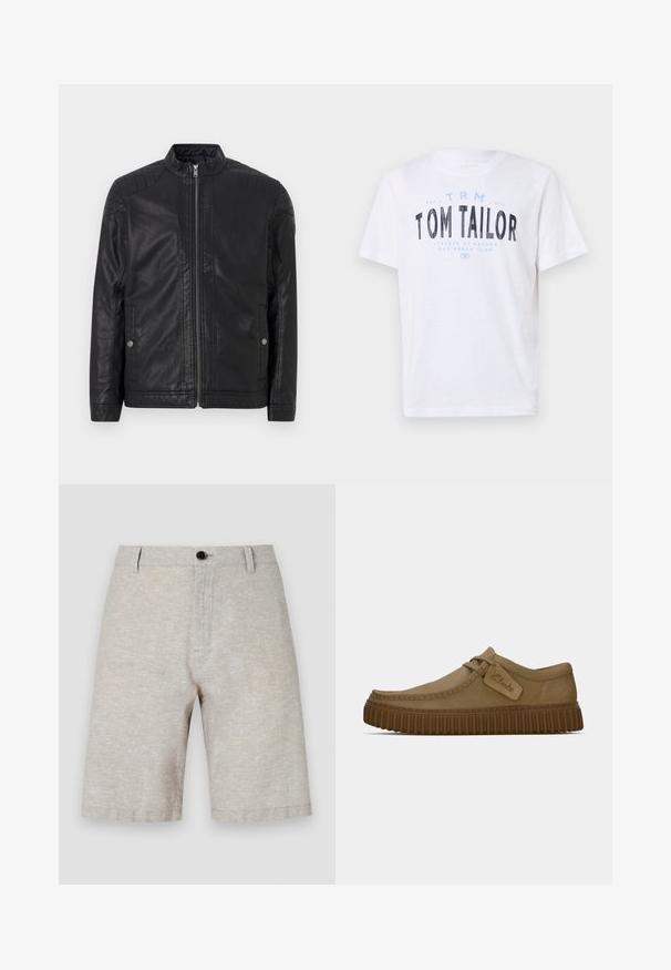 Black leather jacket with a high collar, vertical zippers, quilted shoulder accents, and side pockets. Smooth, matte texture.; White cotton t-shirt with round neckline and short sleeves. Features blue and black printed text: “TOM TAILOR,” “STREETS OF HAVANA,” and numbers.; Beige linen shorts with a smooth texture, featuring a single button closure, belt loops, and a straight cut that reaches mid-thigh.; Light brown suede shoes with a rounded toe, stitched detailing, and a ribbed brown rubber sole. Features a side tag with "Clarks" logo.