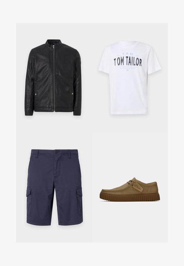 Must lähirikk must nahkjope, millel on kõrge krae, vertikaalsed lukud, tikitud õlavarre aksessuaarid ja küljetaskud. Sile, mate pind.; Valge puuvillane T-särk ümarate krae ja lühikeste varrukatega. Omab sinise ja musta trükitud teksti: "TOM TAILOR," "HAVANA TIGUUD" ja numbreid.; Tumed sinised cargo lühikesed püksid, mis on valmistatud vastupidavast kangast, küljetaskudega, nööpclosinguga ja tekstuurse viimistlusega.; Kerged pruunist nahksoost kingad, millel on ümar varvas, õmblustega detailid ja soonikkoes pruun kummitald. Omab külje peal sildi, millel on "Clarks" logo.