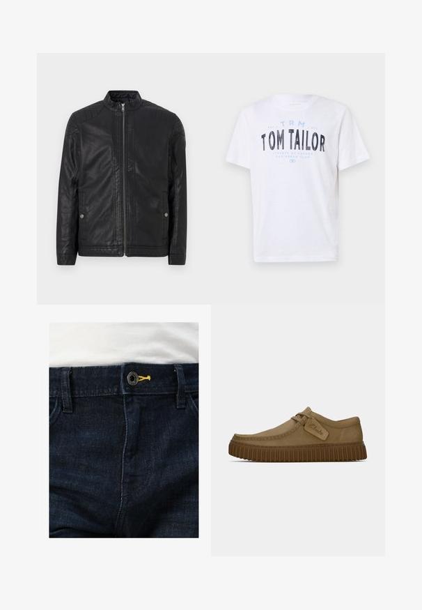Juodas odinis švarkas su aukštu apykakle, vertikaliais užtrauktukais, iškilusiais peties akcentais ir šoninėmis kišenėmis. Lygus, matinio paviršiaus tekstūra.; Balta medvilninė marškinė su apvaliu iškirpimu ir trumpomis rankovėmis. Ant jų yra mėlynai ir juodai spausdintas tekstas: „TOM TAILOR“, „HAVANOS GATVĖS“ ir skaičiai.; Tamsiai mėlyni džinsai su standartiniu mygtuko uždarymu, akcentuotu geltonai, ir keliomis kišenėmis. Paviršius atrodo lygus su nedideliu blizgesiu.; Šviesiai rudos zomšinės bateliai su apvaliu pirštu, siuvinėjimo detalėmis ir raguota ruda guma. Su šonine etikete su "Clarks" logotipu.