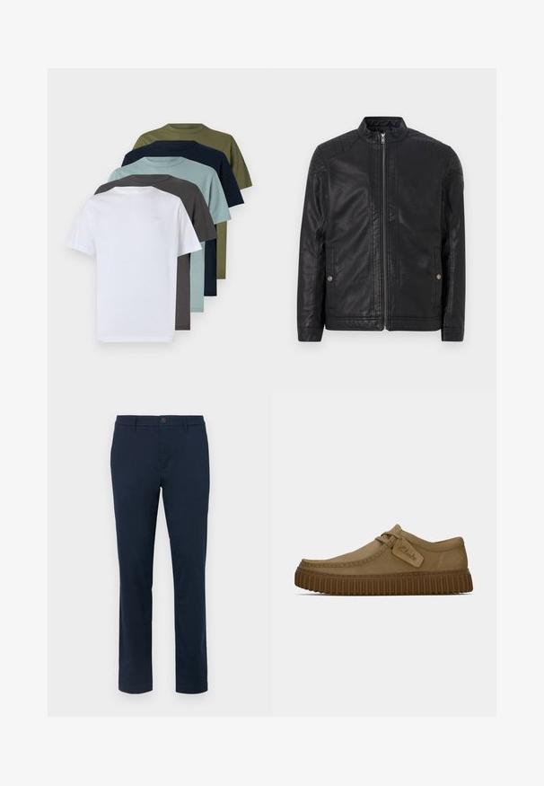 Juodas odinis švarkas su aukštu apykakle, vertikaliais užtrauktukais, iškilusiais peties akcentais ir šoninėmis kišenėmis. Lygus, matinio paviršiaus tekstūra.; Šešios trumpomis rankovėmis apvalios kaklo marškinėliai baltoje, tamsiai pilkoje, šviesiai mėlynoje, tamsiai mėlynoje, alyvų žalia ir tamsiai žalia spalvose, demonstruojantys vientisas spalvas ir medvilninį tekstūrą.; Tamsiai mėlyni chinos kelnių iš lygaus audinio. Tiesaus kirpimo dizainas su vienu mygtuko uždarymu ir diržo kilpelėmis. Be matomų raštų ar akcentų.; Šviesiai rudos zomšinės bateliai su apvaliu pirštu, siuvinėjimo detalėmis ir raguota ruda guma. Su šonine etikete su "Clarks" logotipu.