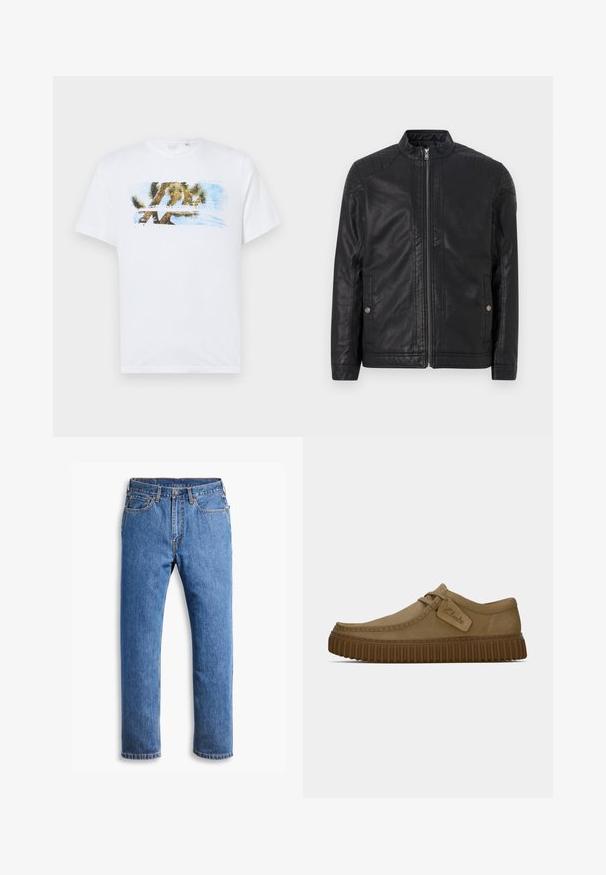 Melna ādas jaka ar augstu apkakli, vertikālām rāvējslēdzēm, kvadrātām plecu akcentiem un sānu kabatām. Gluda, matēta tekstūra.; Balts kokvilnas T-krekls ar krāsainu grafiku, kurā attēlots Joshua koks un zila debess. Īsas piedurknes, apaļa apkakle un brīvs piegriezums.; Zilā denima džinsi ar taisnu piegriezumu, ar piecām kabatām, pogu aizdari un oranžiem šuvju akcentiem uz tīras baltas fona.; Gai brūni zamša apavi ar noapaļotu purngalu, šuvju detaļām un ribotu brūnu gumijas zoli. Satur sānu uzlīmi ar "Clarks" logotipu.