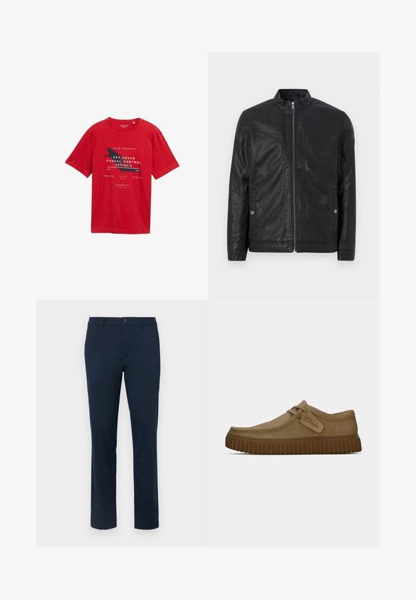 Czarna skórzana kurtka z wysokim kołnierzem, pionowymi zamkami, pikowanymi akcentami na ramionach oraz bocznymi kieszeniami. Gładka, matowa faktura.; Czerwony bawełniany t-shirt z krótkim rękawem, okrągłym dekoltem i graficznym nadrukiem z tekstem oraz wzorem ptaka w czarno-białej kolorystyce.; Ciemnoniebieskie chinosy wykonane z gładkiego materiału. Prosty krój nogawki z jednym zapięciem na guzik i szlufkami na pasek. Brak widocznych wzorów lub akcentów.; Jasnobrązowe zamszowe buty z okrągłym noskiem, z przeszyciami i brązową gumową podeszwą o żebrowanej fakturze. Posiadają boczną metkę z logo "Clarks".