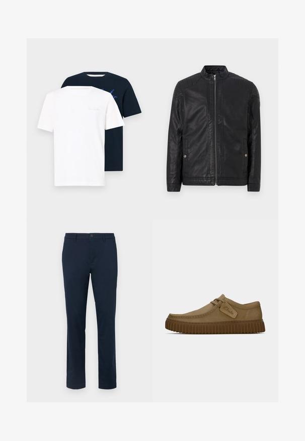 Svart lærjakke med høy krage, vertikale glidelåser, kviltede skulderdetaljer og sidelommer. Glatt, matt tekstur.; To crew neck t-skjorter: en hvit med lys tekst, en marineblå med grafisk trykk. Begge er kortermede og laget av mykt stoff.; Mørke marineblå chinos laget av glatt stoff. Rett ben design med en enkelt knappelukking og beltehemper. Ingen synlige mønstre eller aksenter.; Lys brun semsket skinnsko med rundt tå, sydd detaljer og en ribbet brun gummisåle. Har en sideetikett med "Clarks"-logo.
