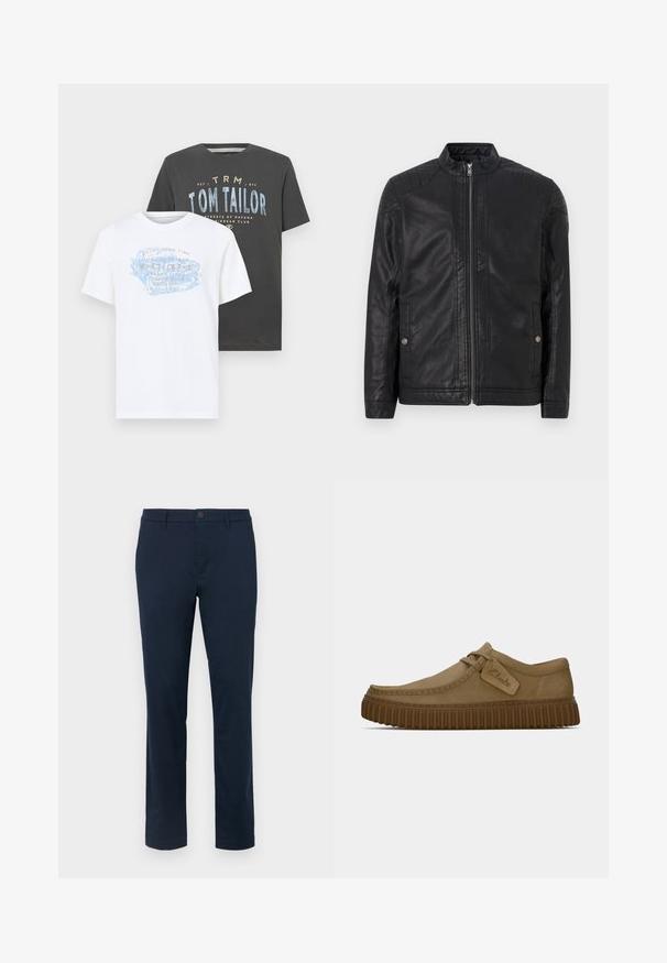 Sort læderjakke med høj krave, lodrette lynlåse, kviltede skulderdetaljer og sidelommer. Glat, mat tekstur.; To bomulds T-shirts: en hvid med blå og orange grafisk tekst og en mørkegrå med blå og hvid tekst, begge med korte ærmer.; Mørk navy chinos lavet af glat stof. Lige ben design med en enkelt knappelukning og bæltestropper. Ingen synlige mønstre eller accenter.; Lysebrune ruskindsko med rund tå, syet detaljer og en ribbet brun gummisål. Har et sidemærke med "Clarks" logo.