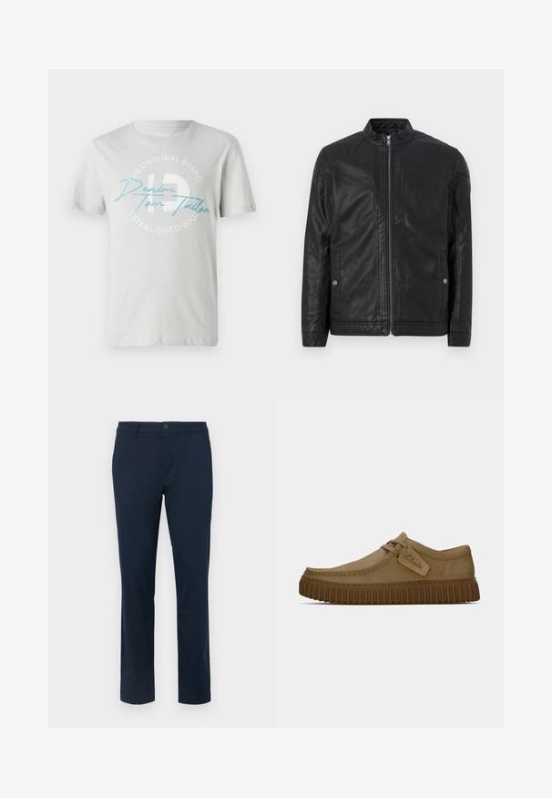 Melna ādas jaka ar augstu apkakli, vertikālām rāvējslēdzēm, kvadrātām plecu akcentiem un sānu kabatām. Gluda, matēta tekstūra.; Gaiši pelēks kokvilnas T-krekls ar īsām piedurknēm, kuram ir apļveida logo druka baltā un tirkīza krāsā, kas norāda "Denim Tom Tailor" un "Izveidots 2007."; Tumši jūras zilas šinīdas, izgatavotas no gludas auduma. Taisnas kājas dizains ar vienu pogu aizdari un jostas cilpām. Nav redzamu rakstu vai akcentu.; Gai brūni zamša apavi ar noapaļotu purngalu, šuvju detaļām un ribotu brūnu gumijas zoli. Satur sānu uzlīmi ar "Clarks" logotipu.