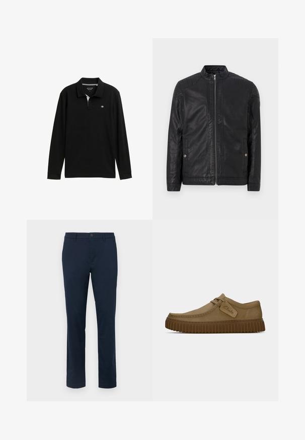 Juodas odinis švarkas su aukštu apykakle, vertikaliais užtrauktukais, iškilusiais peties akcentais ir šoninėmis kišenėmis. Lygus, matinio paviršiaus tekstūra.; Juodas ilgas rankovėmis polo marškinėliai su klasikiniu apykakliu, turintys baltą vidinį apykaklę ir logotipą ant krūtinės. Lygi tekstūra ir reguliari iškirptė.; Tamsiai mėlyni chinos kelnių iš lygaus audinio. Tiesaus kirpimo dizainas su vienu mygtuko uždarymu ir diržo kilpelėmis. Be matomų raštų ar akcentų.; Šviesiai rudos zomšinės bateliai su apvaliu pirštu, siuvinėjimo detalėmis ir raguota ruda guma. Su šonine etikete su "Clarks" logotipu.