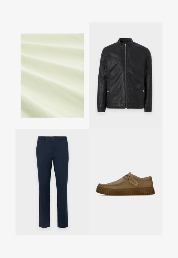 Juodas odinis švarkas su aukštu apykakle, vertikaliais užtrauktukais, iškilusiais peties akcentais ir šoninėmis kišenėmis. Lygus, matinio paviršiaus tekstūra.; Šviesiai žalia medžiaga su lygiu paviršiumi, rodanti seklų raukšlių modelį. Medžiaga atrodo lengva ir šiek tiek atspindi šviesą po švelniai apšvietimu.; Tamsiai mėlyni chinos kelnių iš lygaus audinio. Tiesaus kirpimo dizainas su vienu mygtuko uždarymu ir diržo kilpelėmis. Be matomų raštų ar akcentų.; Šviesiai rudos zomšinės bateliai su apvaliu pirštu, siuvinėjimo detalėmis ir raguota ruda guma. Su šonine etikete su "Clarks" logotipu.