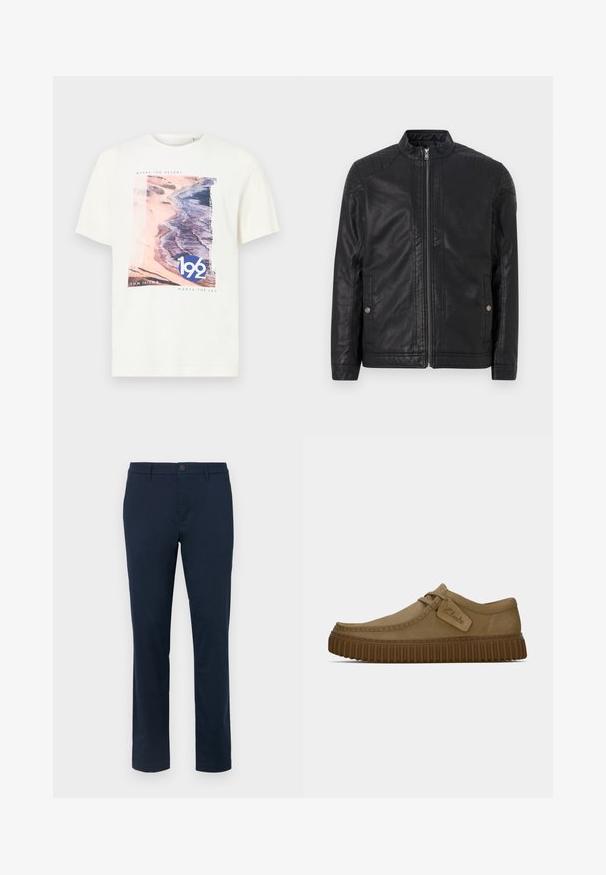 Svart lærjakke med høy krage, vertikale glidelåser, kviltede skulderdetaljer og sidelommer. Glatt, matt tekstur.; Kortermet hvit T-skjorte med grafikk av en strandscene i rosa og blått, med teksten "192" og "TOM TAILOR MEETS THE SEA". Mykt bomullsstoff.; Mørke marineblå chinos laget av glatt stoff. Rett ben design med en enkelt knappelukking og beltehemper. Ingen synlige mønstre eller aksenter.; Lys brun semsket skinnsko med rundt tå, sydd detaljer og en ribbet brun gummisåle. Har en sideetikett med "Clarks"-logo.