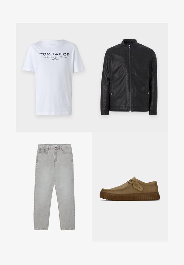 Črna usnjena jakna z visokim ovratnikom, navpičnimi zadrgami, prešito ramenskim poudarkom in stranskimi žepi. Gladka, mat tekstura.; Bela bomba z naramnicami iz bombaža, ki ima okroglo ovratnik, kratke rokave in mornarsko modro besedilo "TOM TAILOR THE CASUAL DEPARTMENT 1962."; Svetlo sivi traper hlače s ravnim krojem, pet žepov in gumbom za zapiranje. Vidno šivanje ob šivih.; Svetlo rjave antilop čevlje z ovalnim nosom, šivi in ribasto rjavo gumijasto podplat. Ima stransko oznako z logotipom "Clarks".