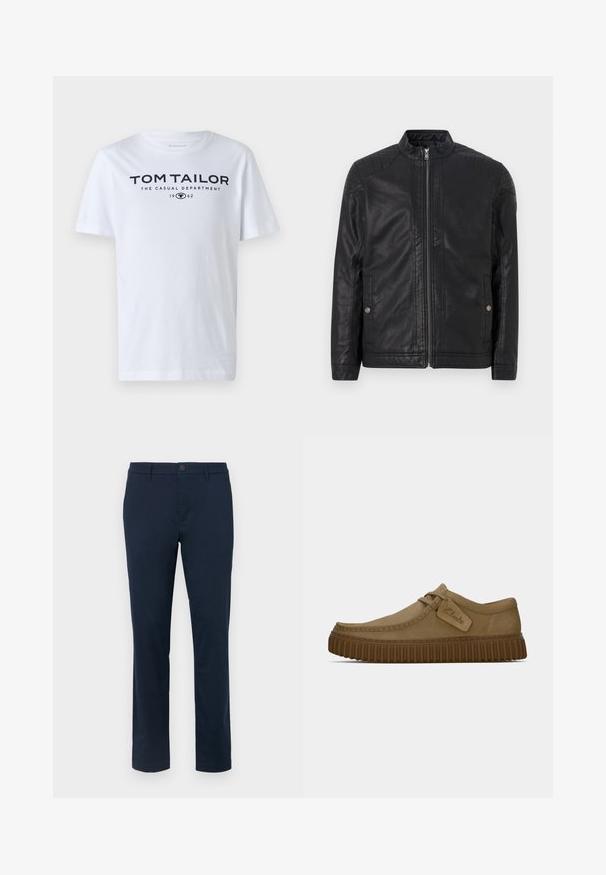 Black leather jacket with a high collar, vertical zippers, quilted shoulder accents, and side pockets. Smooth, matte texture.; White cotton t-shirt featuring a crew neck, short sleeves, and navy text reading "TOM TAILOR THE CASUAL DEPARTMENT 1962."; Dark navy chinos made of smooth fabric. Straight leg design with a single button closure and belt loops. No visible patterns or accents.; Light brown suede shoes with a rounded toe, stitched detailing, and a ribbed brown rubber sole. Features a side tag with "Clarks" logo.