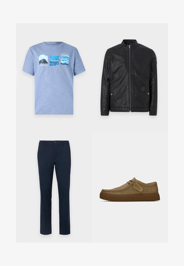 Melna ādas jaka ar augstu apkakli, vertikālām rāvējslēdzēm, kvadrātām plecu akcentiem un sānu kabatām. Gluda, matēta tekstūra.; Gaiši zils īsām piedurknēm T-krekls, kas izgatavots no mīksta auduma, ar trim grafiskām drukām, kas attēlo ūdeni un ainavas ar teksta detalizējumiem.; Tumši jūras zilas šinīdas, izgatavotas no gludas auduma. Taisnas kājas dizains ar vienu pogu aizdari un jostas cilpām. Nav redzamu rakstu vai akcentu.; Gai brūni zamša apavi ar noapaļotu purngalu, šuvju detaļām un ribotu brūnu gumijas zoli. Satur sānu uzlīmi ar "Clarks" logotipu.