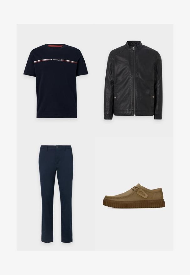 Czarna skórzana kurtka z wysokim kołnierzem, pionowymi zamkami, pikowanymi akcentami na ramionach oraz bocznymi kieszeniami. Gładka, matowa faktura.; Granatowa bawełniana koszulka z krótkim rękawem, okrągłym dekoltem, z białymi i czerwonymi poziomymi paskami i logo "TOM TAILOR".; Ciemnoniebieskie chinosy wykonane z gładkiego materiału. Prosty krój nogawki z jednym zapięciem na guzik i szlufkami na pasek. Brak widocznych wzorów lub akcentów.; Jasnobrązowe zamszowe buty z okrągłym noskiem, z przeszyciami i brązową gumową podeszwą o żebrowanej fakturze. Posiadają boczną metkę z logo "Clarks".