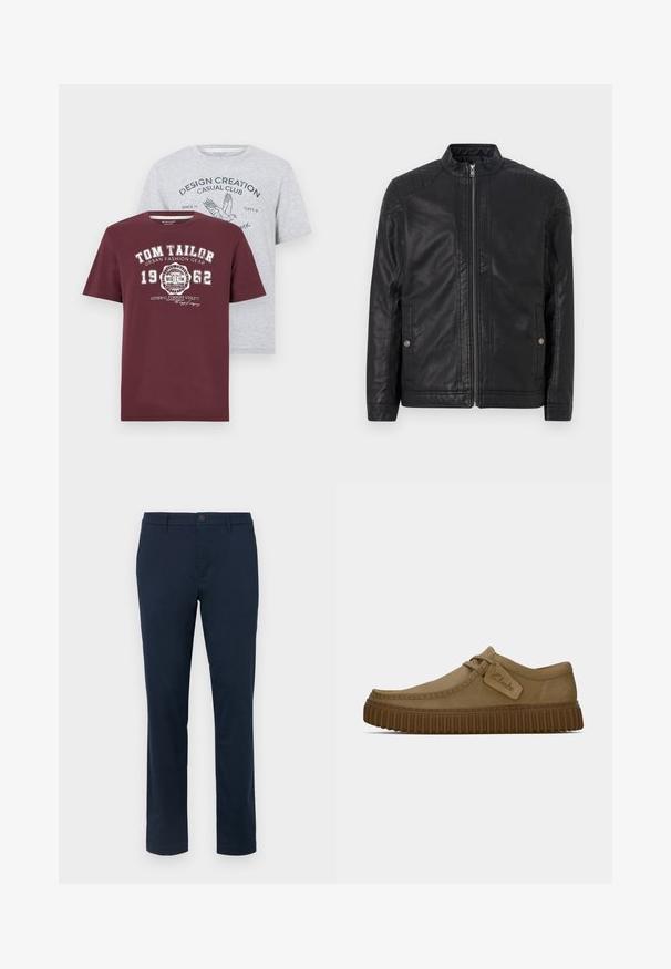 Svart lærjakke med høy krage, vertikale glidelåser, kviltede skulderdetaljer og sidelommer. Glatt, matt tekstur.; To t-skjorter: en maroon med hvit trykk, med "TOM TAILOR" logo; en lys grå med blå grafisk tekst og fugledesign. Korte ermer, bomullsblanding.; Mørke marineblå chinos laget av glatt stoff. Rett ben design med en enkelt knappelukking og beltehemper. Ingen synlige mønstre eller aksenter.; Lys brun semsket skinnsko med rundt tå, sydd detaljer og en ribbet brun gummisåle. Har en sideetikett med "Clarks"-logo.