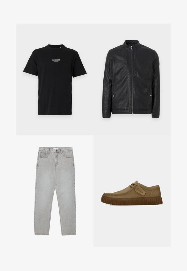 Črna usnjena jakna z visokim ovratnikom, navpičnimi zadrgami, prešito ramenskim poudarkom in stranskimi žepi. Gladka, mat tekstura.; Črna bombažna majica s kratkimi rokavi in okroglim izrezom, z majhnim belim tiskanim logotipom na levi prsi. Preprost kroj, brez dodatnih vzorcev.; Svetlo sivi traper hlače s ravnim krojem, pet žepov in gumbom za zapiranje. Vidno šivanje ob šivih.; Svetlo rjave antilop čevlje z ovalnim nosom, šivi in ribasto rjavo gumijasto podplat. Ima stransko oznako z logotipom "Clarks".