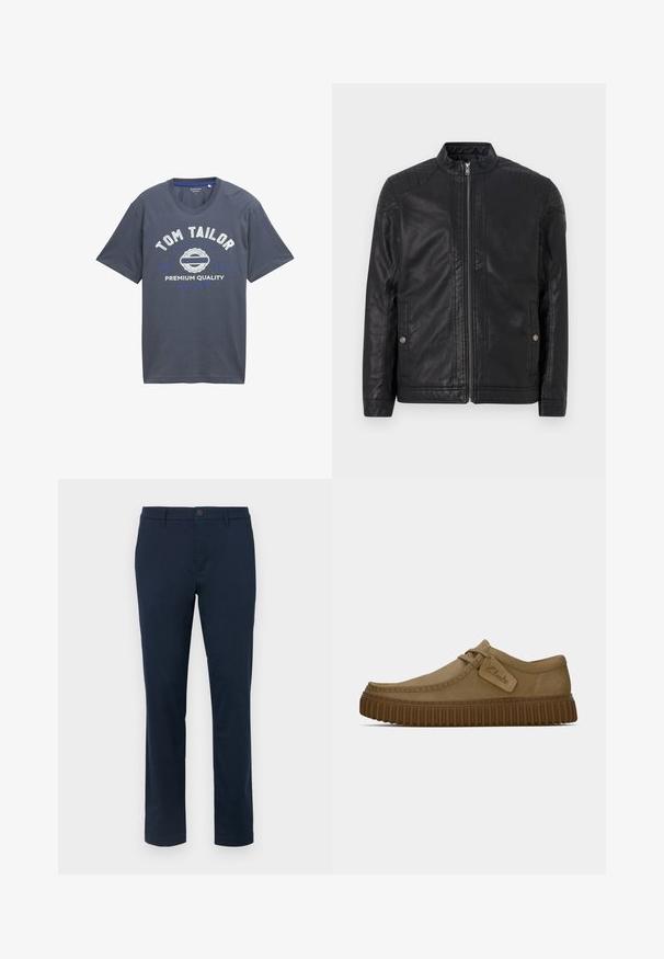 Svart läderjacka med hög krage, vertikala dragkedjor, kviltade axelaccent och sidofickor. Slät, matt yta.; Mj Navy blue bomull t-shirt med kort ärm, rundad hals, med vit och blå tryckt text: "TOM TAILOR," "PREMIUM QUALITY," och logotypgrafik.; Mörk marinblå chinos i mjukt tyg. Rakt ben design med enstaka knappstängning och bälteshällor. Inga synliga mönster eller detaljer.; Ljust bruna mockaskor med rund tå, sydda detaljer och en ribbad brun gummisula. Har en sidetikett med "Clarks"-logotyp.