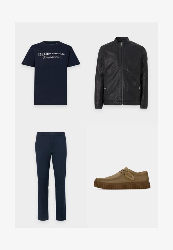 Mustan nahkatakin korkea kaulus, pystysuorat vetoketjut, tikkaukset hartioissa ja sivutaskut. Sileä, matta pinta.; Tummansininen puuvillapala sisältää lyhyet hihat ja pyöreän kaula-aukon. Etupuolella on valkoista tekstiä "DENIM TOM TAILOR Perustettu 2007" erilaisilla fonteilla.; Tummansinisiä chino-housuja, jotka on valmistettu pehmeästä kankaasta. Suora lahjemuotoilu, jossa on yksittäinen nappi kiinnitys ja vyölenkit. Ei näkyviä kuvioita tai yksityiskohtia.; Vaaleanruskeat mokkakengät, joissa on pyöreä kärki, ommeltuja yksityiskohtia ja uritettu ruskea kumipohja. Kengissä on myös sivulappu, jossa on "Clarks"-logo.
