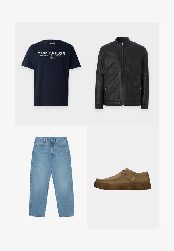 Jachetă din piele neagră cu guler înalt, fermoare verticale, accente matlasate pe umeri și buzunare laterale. Textură netedă, mată.; Tricou din bumbac bleu marin cu text alb îndrăzneț: "TOM TAILOR THE CASUAL DEPARTMENT 1962." Design cu mâneci scurte și guler rotund.; Jeans din denim albastru deschis cu croială largă și talie înaltă, având cinci buzunare, bucle pentru curea și o textură moale, ușor decolorată.; Pantofi din suede maro deschis, cu vârful rotund, detalii cusute și talpă din cauciuc maro nervurată. Prezintă un eticheta laterală cu logo-ul "Clarks".